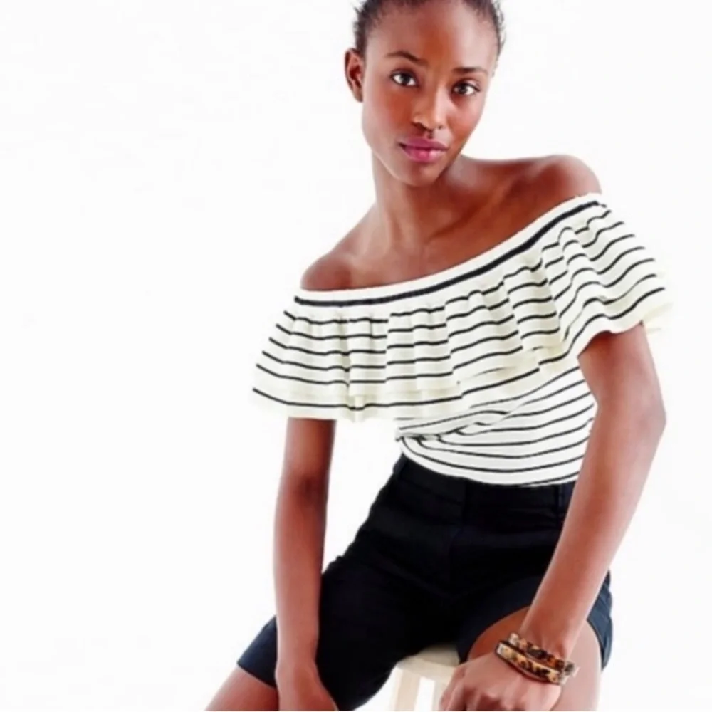 J. Crew Black and White Striped Off-Shoulder Ruffle Knit Top